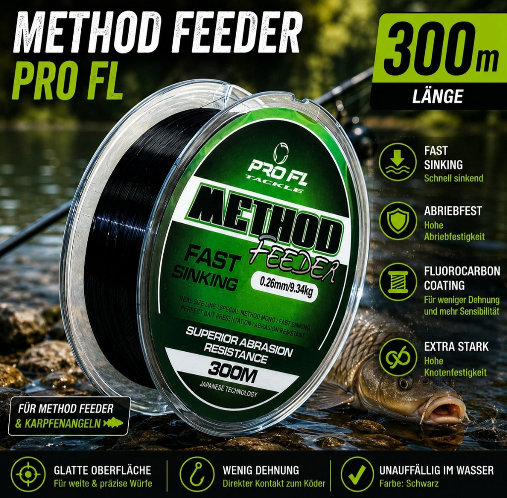 300m Method Feeder Angelschnur Schwarz Fast Sinking Fluorocarbon Coating Karpfen