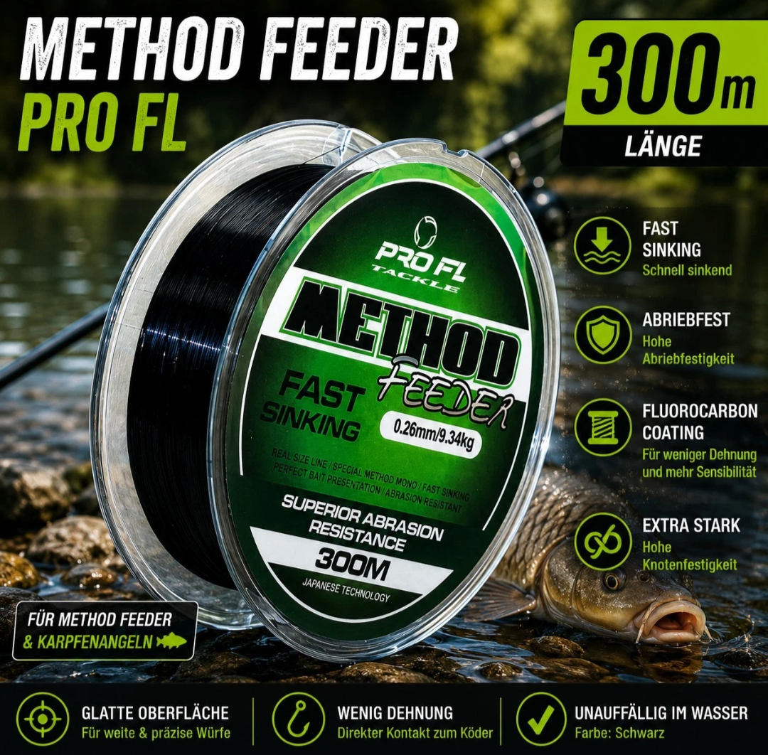 300m Method Feeder Angelschnur Schwarz Fast Sinking Fluorocarbon Coating Karpfen