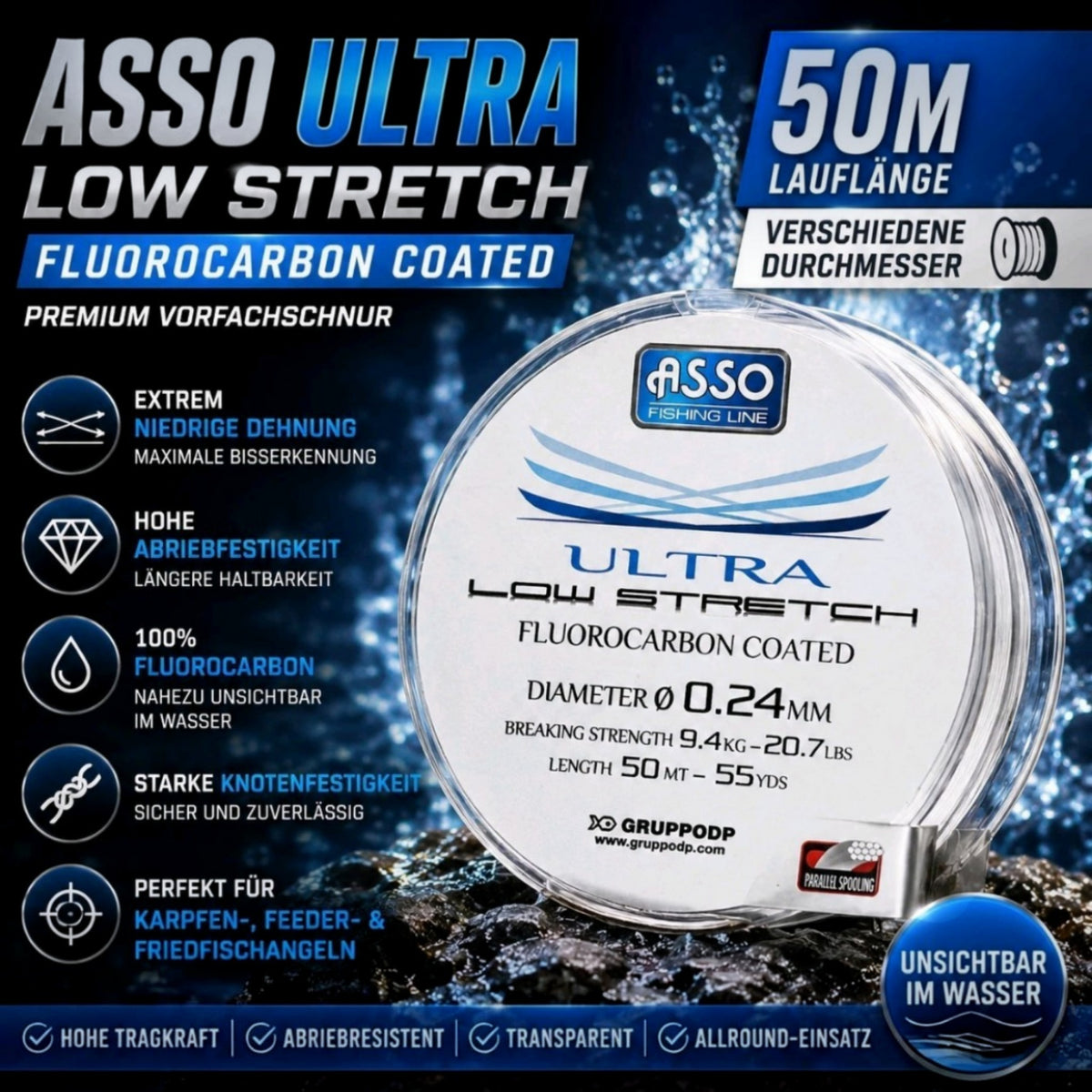 Asso Ultra Low Stretch 50 m Flurocarbon Coated Angelschnur Vorfachschnur